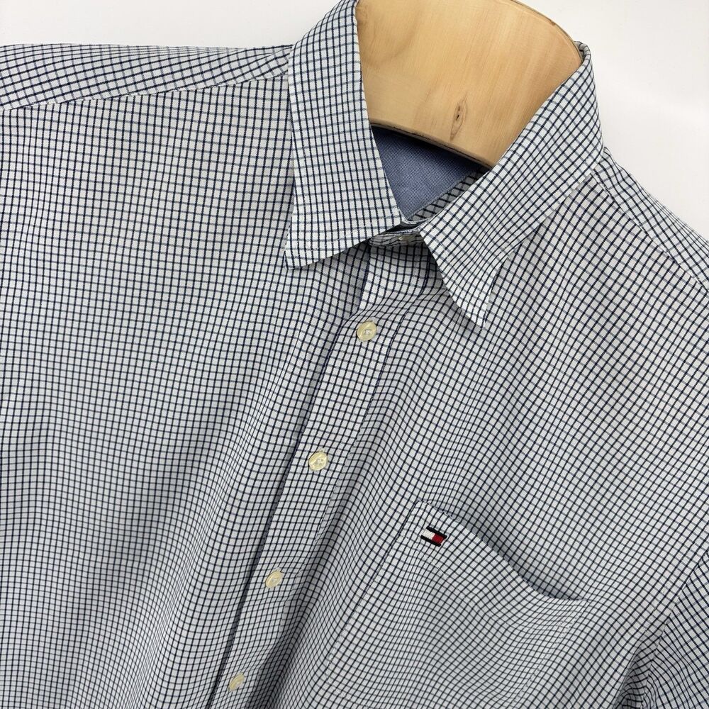 Tommy Hilfiger Men’s Large L Long Sleeve Button Up Shirt Navy White Grid Check